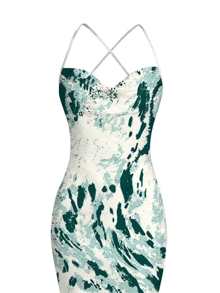 Abstract Ink Painting Print Crisscross Mesh Bodycon Mermaid Maxi Vacation Dress
