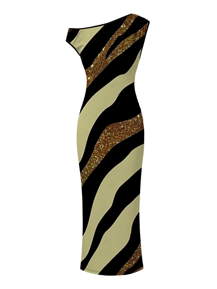 Colorblock Sequied Zebra Print Ruched One Shoulder Bodycon Vacation Dress