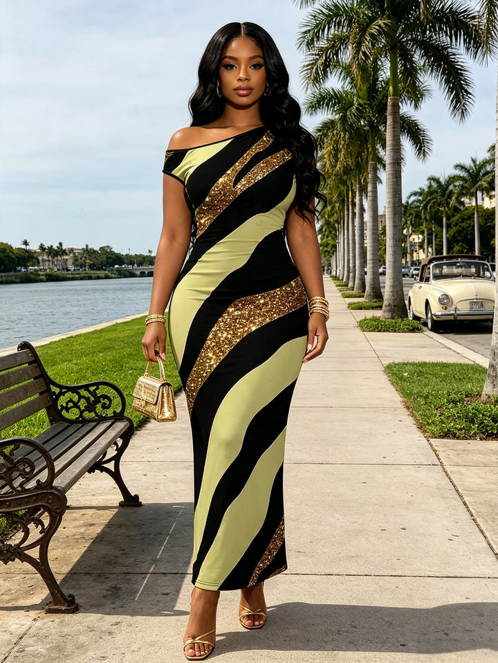 Colorblock Sequied Zebra Print Ruched One Shoulder Bodycon Vacation Dress