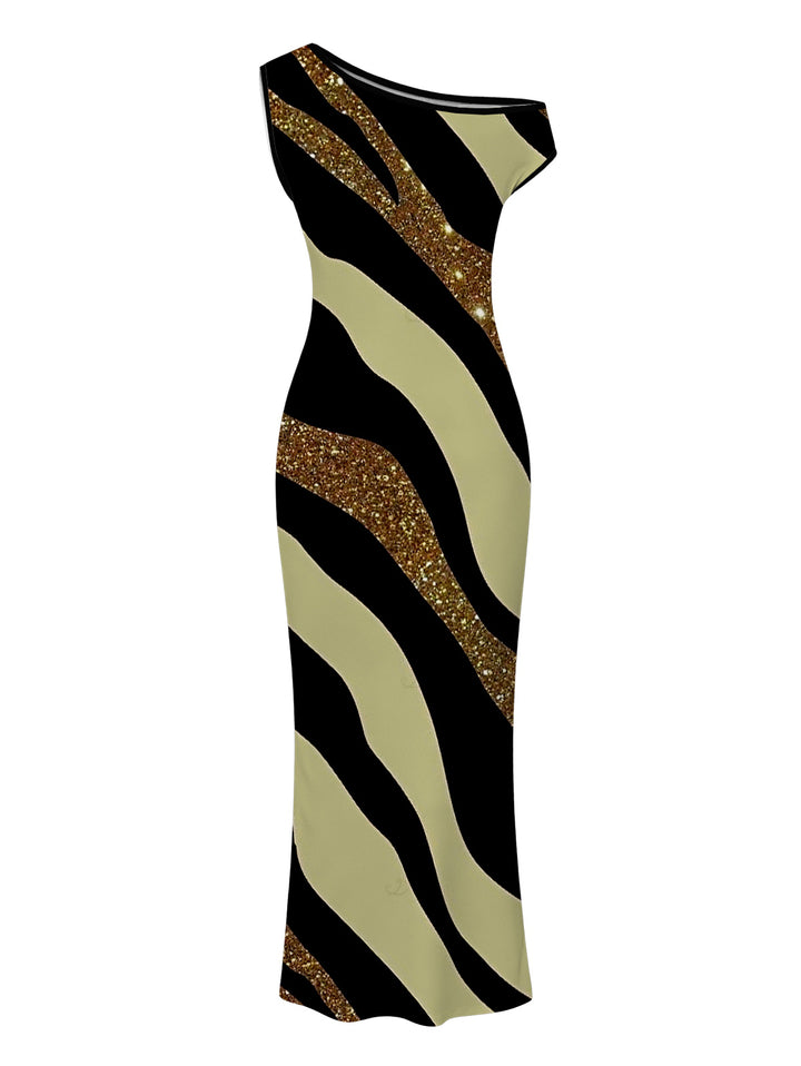 Colorblock Sequied Zebra Print Ruched One Shoulder Bodycon Vacation Dress