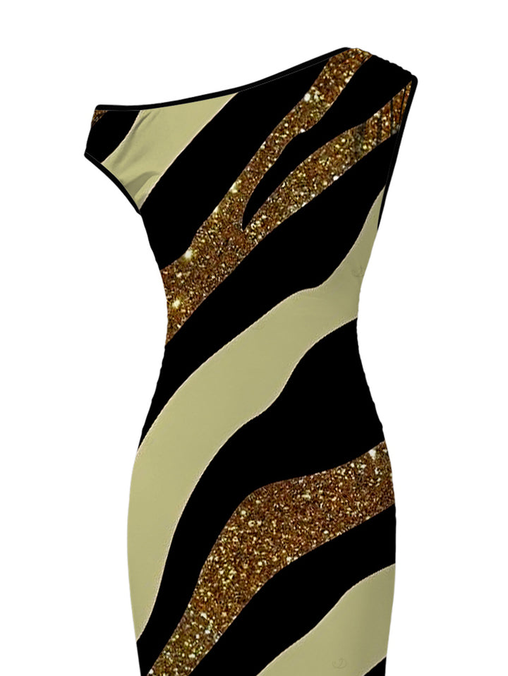 Colorblock Sequied Zebra Print Ruched One Shoulder Bodycon Vacation Dress