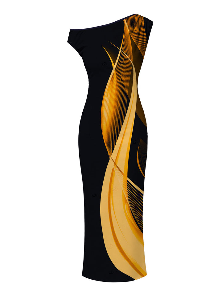 Abstract Fluid Print Ruched One Shoulder Bodycon Vacation Dress