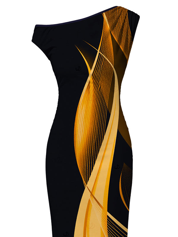 Abstract Fluid Print Ruched One Shoulder Bodycon Vacation Dress