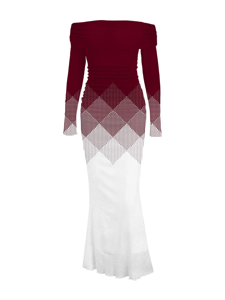 Ombre Argyle Geometric Print Foldover Off the Shoulder Mermaid Bodydon Party Dress