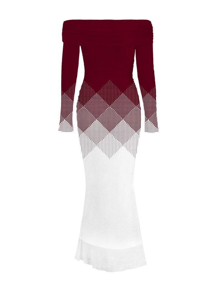 Ombre Argyle Geometric Print Foldover Off the Shoulder Mermaid Bodydon Party Dress