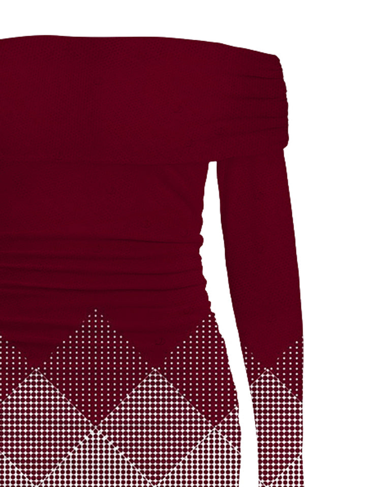 Ombre Argyle Geometric Print Foldover Off the Shoulder Mermaid Bodydon Party Dress