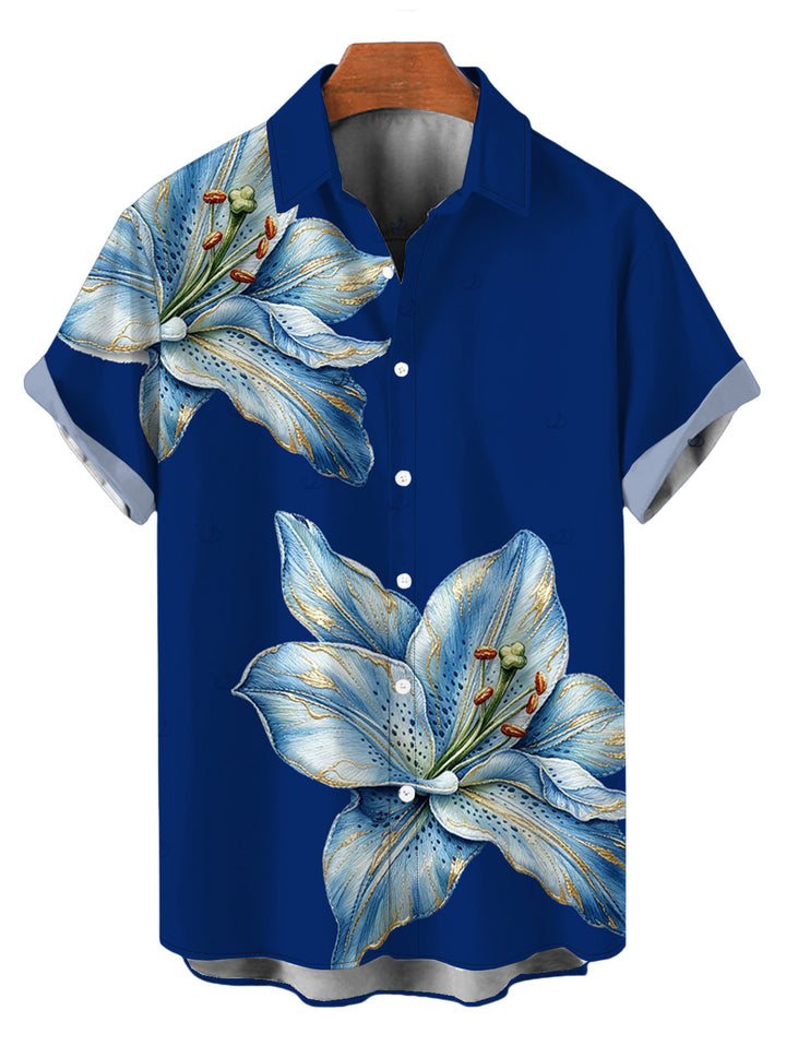Men's Embroidery?Style Lily Floral Print Button Up Vacation Shirt