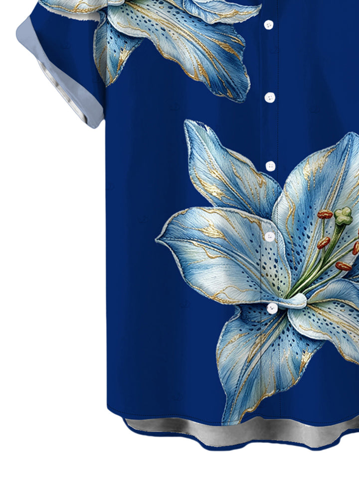 Men's Embroidery?Style Lily Floral Print Button Up Vacation Shirt