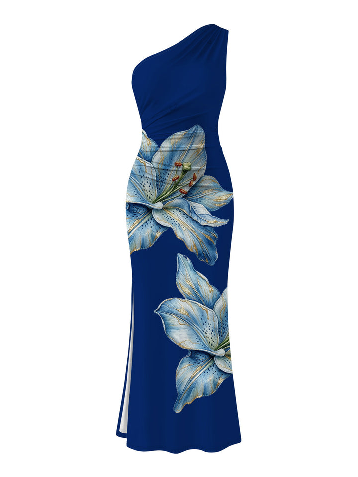 Embroidery?Style Lily Floral Print Ruched One Shoulder Slit Mermaid Bodycon Party Dress