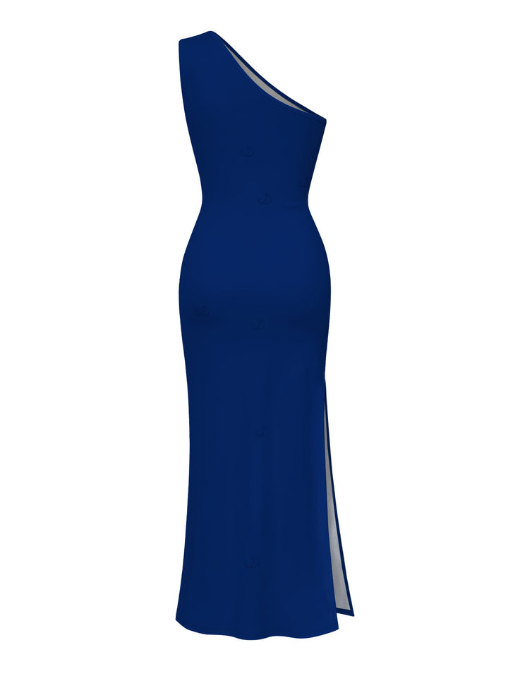 Embroidery?Style Lily Floral Print Ruched One Shoulder Slit Mermaid Bodycon Party Dress