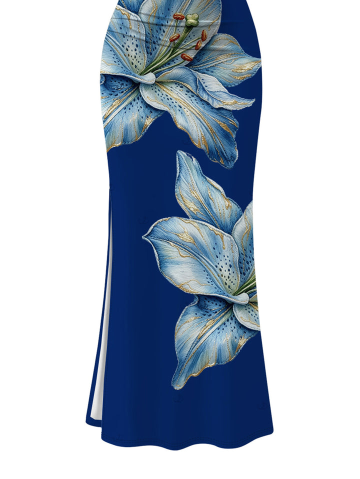 Embroidery?Style Lily Floral Print Ruched One Shoulder Slit Mermaid Bodycon Party Dress