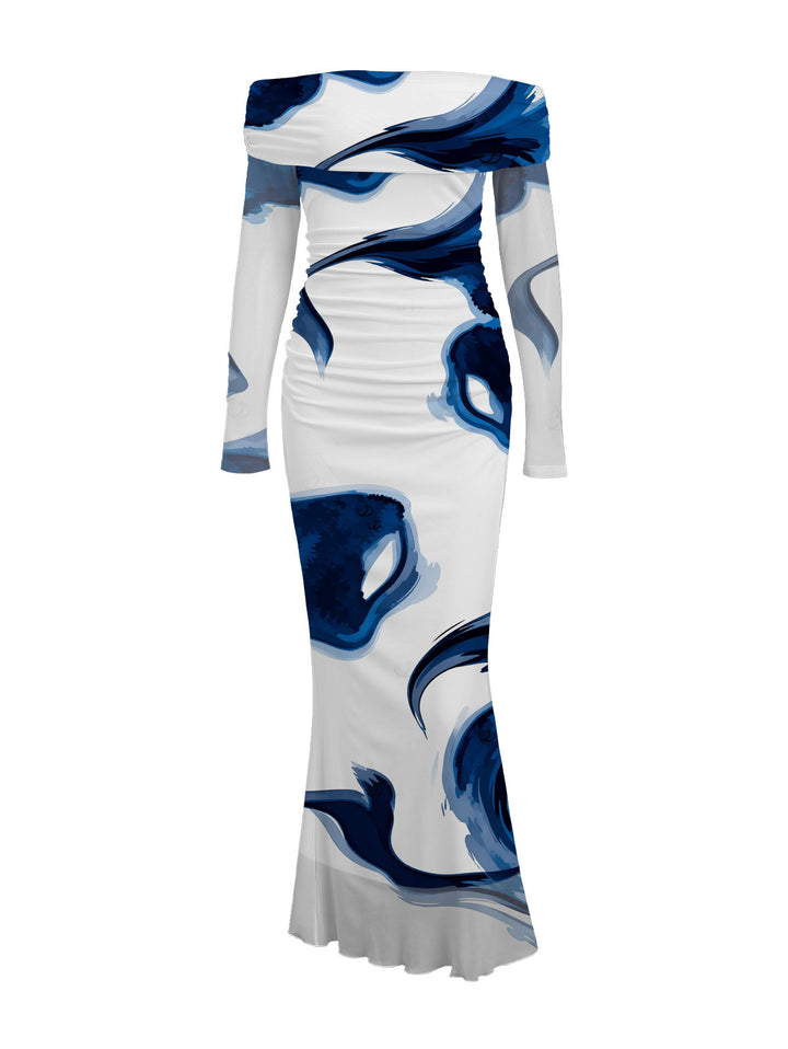 Ink Painting Abstract Brush Print Foldover Off the Shoulder Mesh Bodycon Vacation Dress