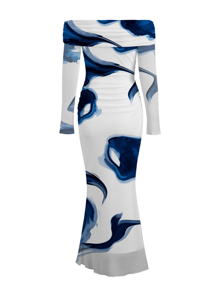 Ink Painting Abstract Brush Print Foldover Off the Shoulder Mesh Bodycon Vacation Dress