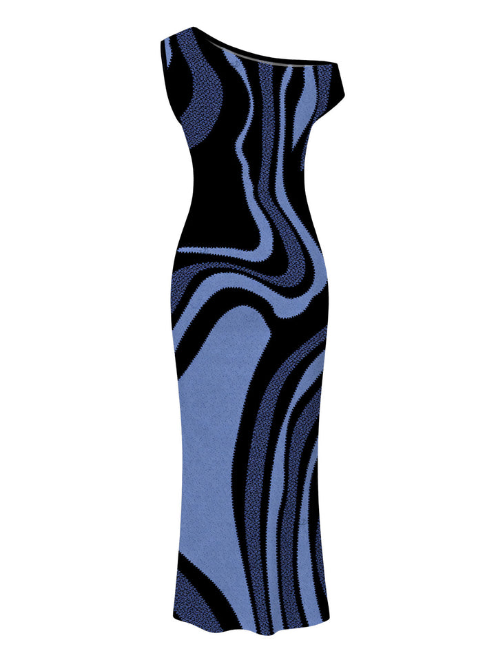 Colorblock Swirl Marble Print Ruched One Shoulder Mermaid Bodycon Vacation Dress