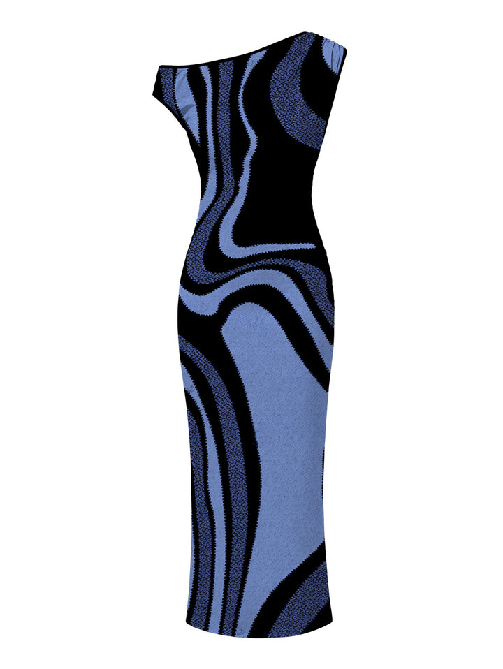 Colorblock Swirl Marble Print Ruched One Shoulder Mermaid Bodycon Vacation Dress