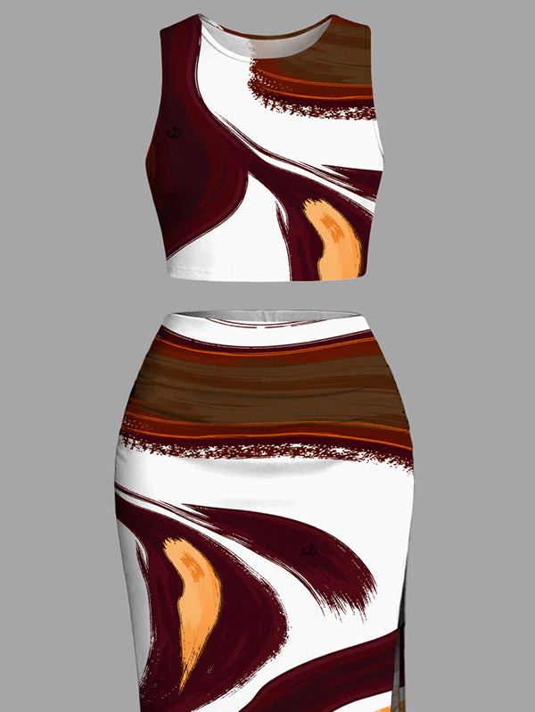 Fluid Art Print Tank Top High Slit Bodycon Skirt Vacation Women Outfit