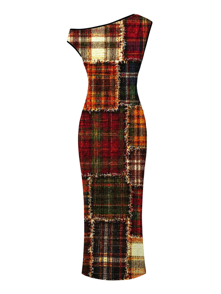 Vintage Plaid Patchwork Raw?Edge Patch Print Skew Neck Bodycon Christmas Dress