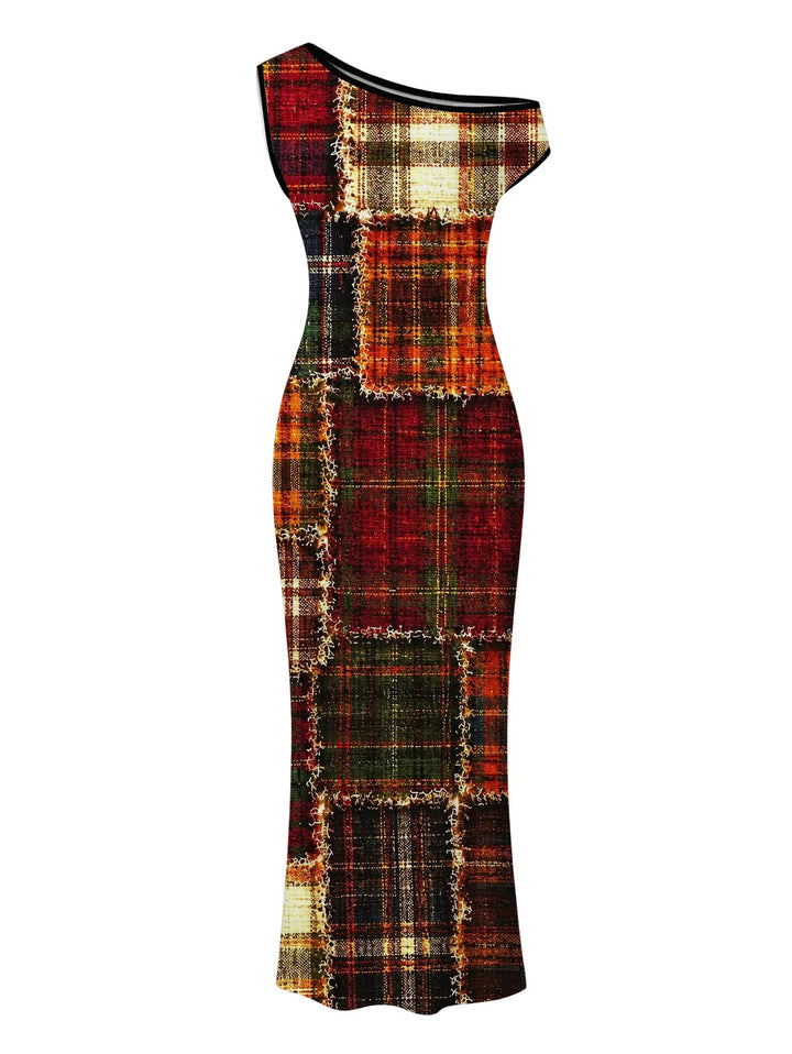 Vintage Plaid Patchwork Raw?Edge Patch Print Skew Neck Bodycon Christmas Dress