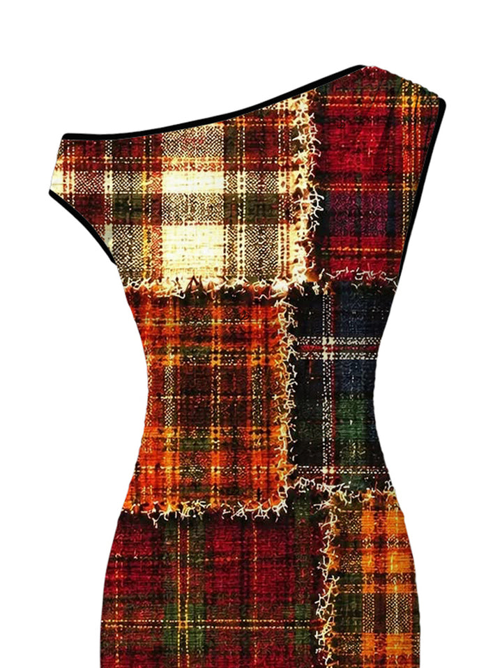 Vintage Plaid Patchwork Raw?Edge Patch Print Skew Neck Bodycon Christmas Dress