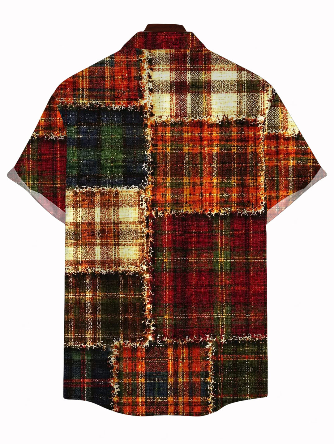 Men's Vintage Plaid Patchwork Raw?Edge Patch Print Button Up Christmas Shirt