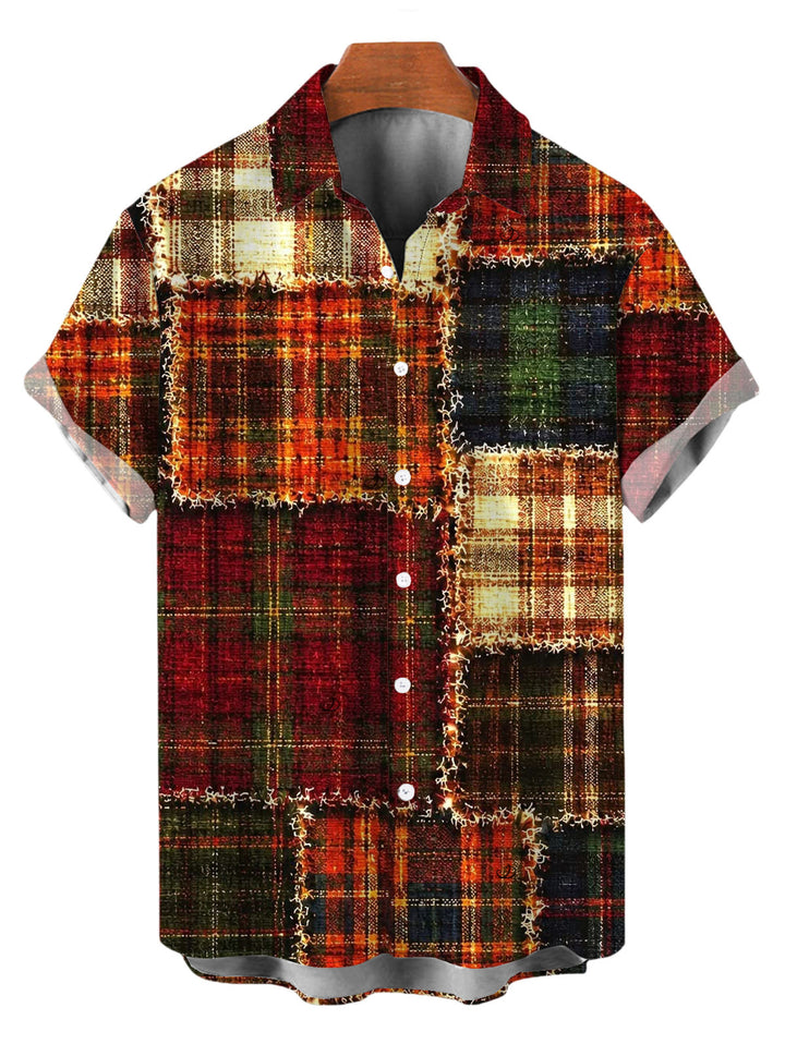 Men's Vintage Plaid Patchwork Raw?Edge Patch Print Button Up Christmas Shirt