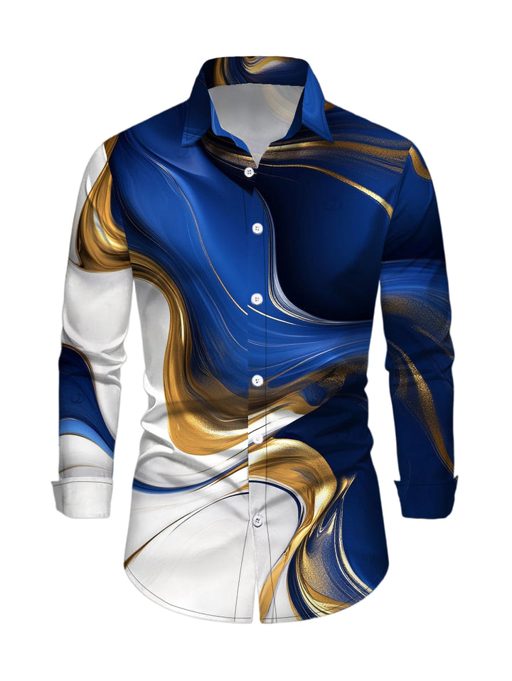 Men's Colorblock Fluid Marble Print Button Up Long Sleeve Vacation Shirt