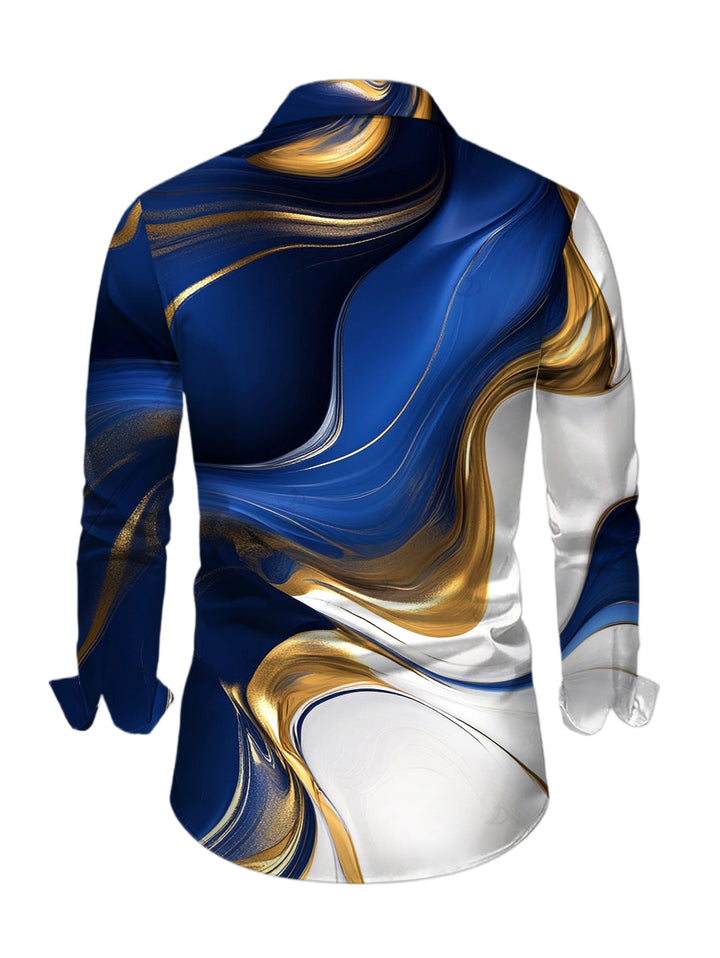 Men's Colorblock Fluid Marble Print Button Up Long Sleeve Vacation Shirt