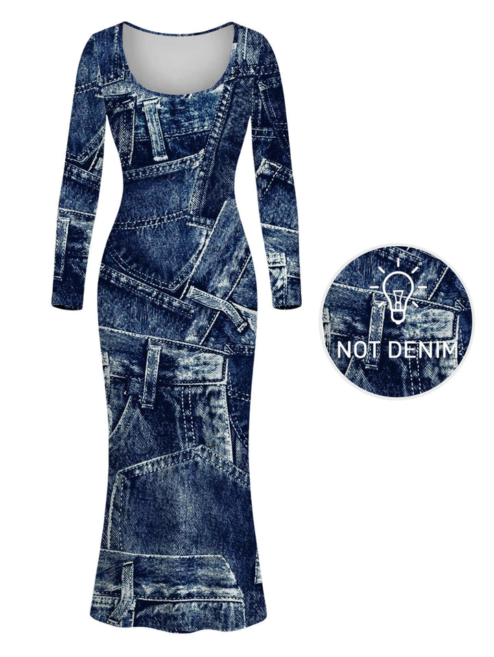 Faux Denim Print Round Neck Bodycon Maxi Vintage Dress