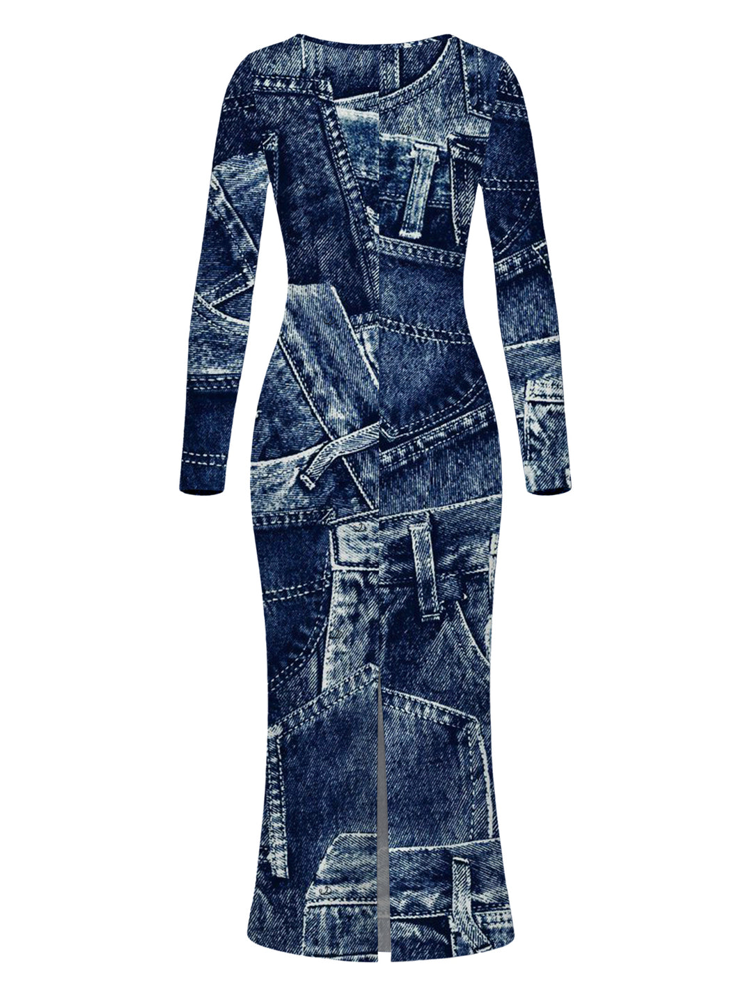 Faux Denim Print Round Neck Bodycon Maxi Vintage Dress