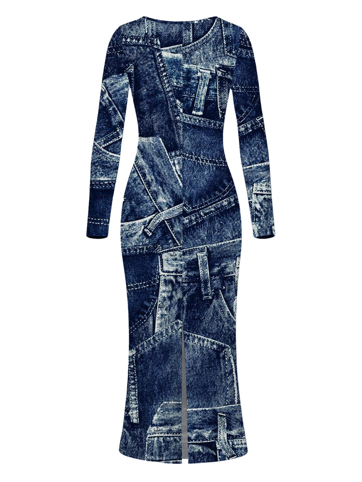Faux Denim Print Round Neck Bodycon Maxi Vintage Dress