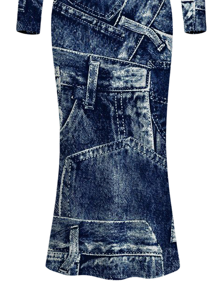Faux Denim Print Round Neck Bodycon Maxi Vintage Dress