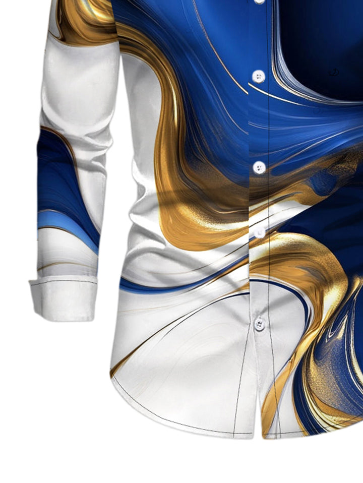 Men's Colorblock Fluid Marble Print Button Up Long Sleeve Vacation Shirt