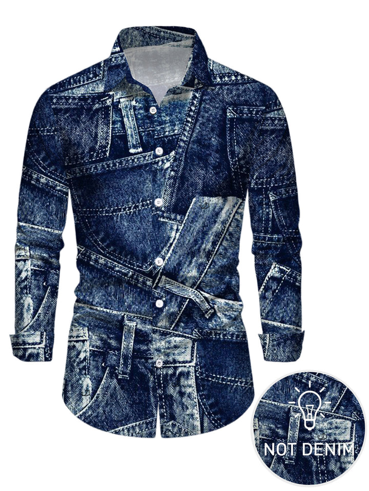 Men's Faux Denim Print Long Sleeve Button Up Vintage Shirt