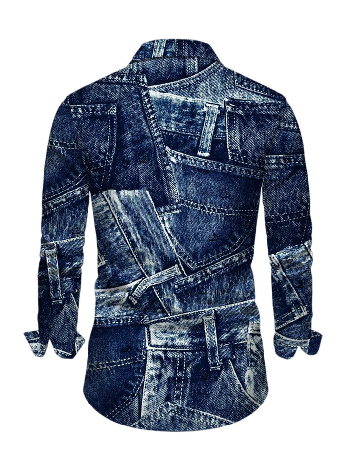 Men's Faux Denim Print Long Sleeve Button Up Vintage Shirt