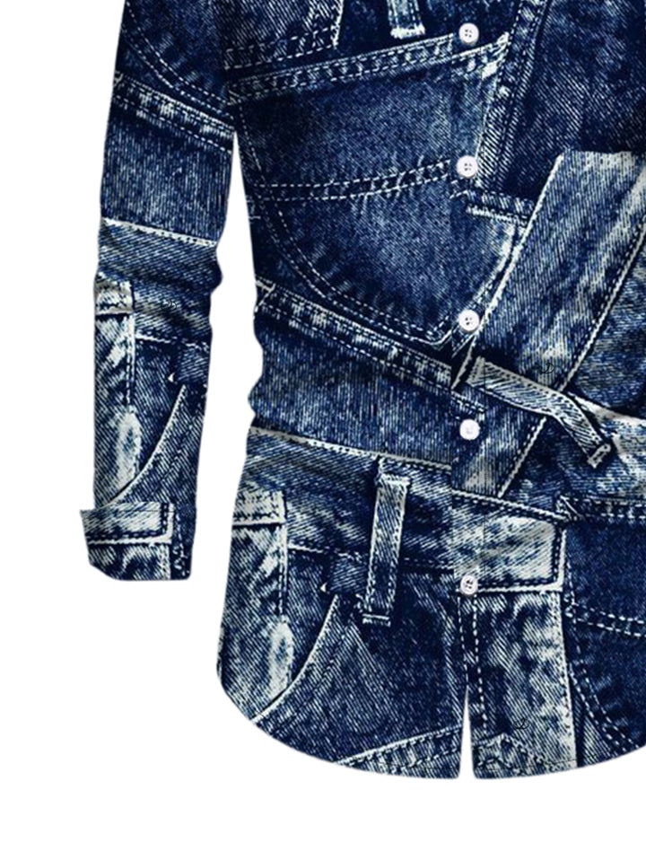 Men's Faux Denim Print Long Sleeve Button Up Vintage Shirt
