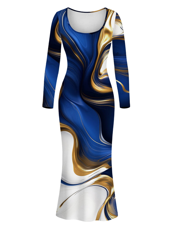 Colorblock Fluid Marble Print Round Neck Long Sleeve Bodycon Maxi Vacation Dress