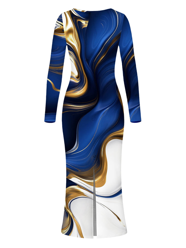 Colorblock Fluid Marble Print Round Neck Long Sleeve Bodycon Maxi Vacation Dress