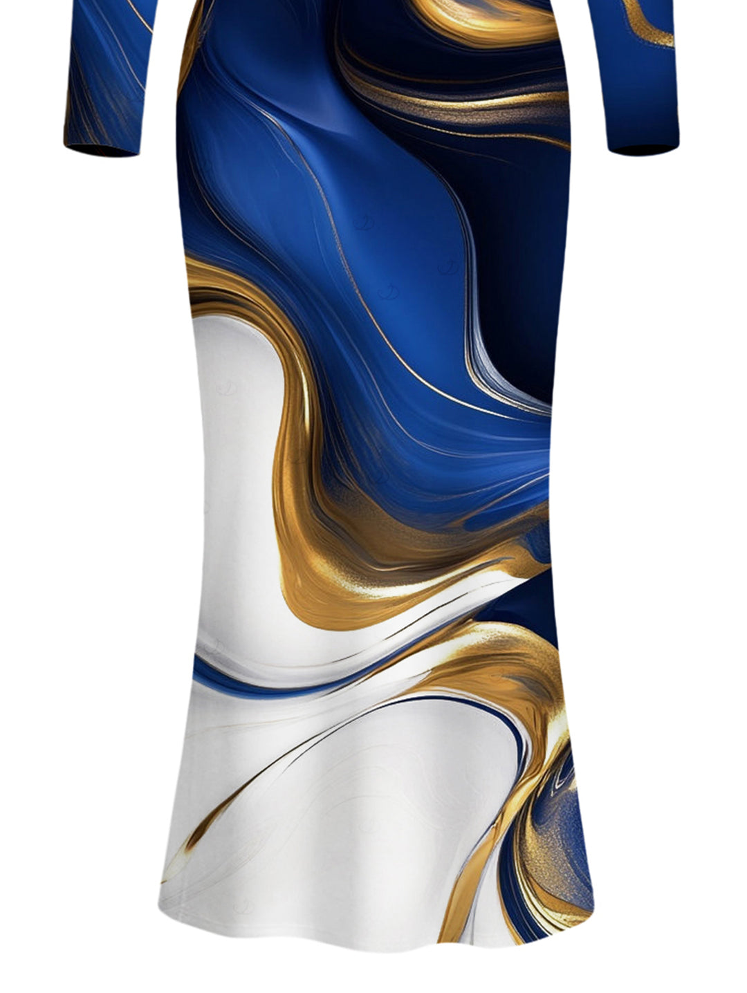 Colorblock Fluid Marble Print Round Neck Long Sleeve Bodycon Maxi Vacation Dress