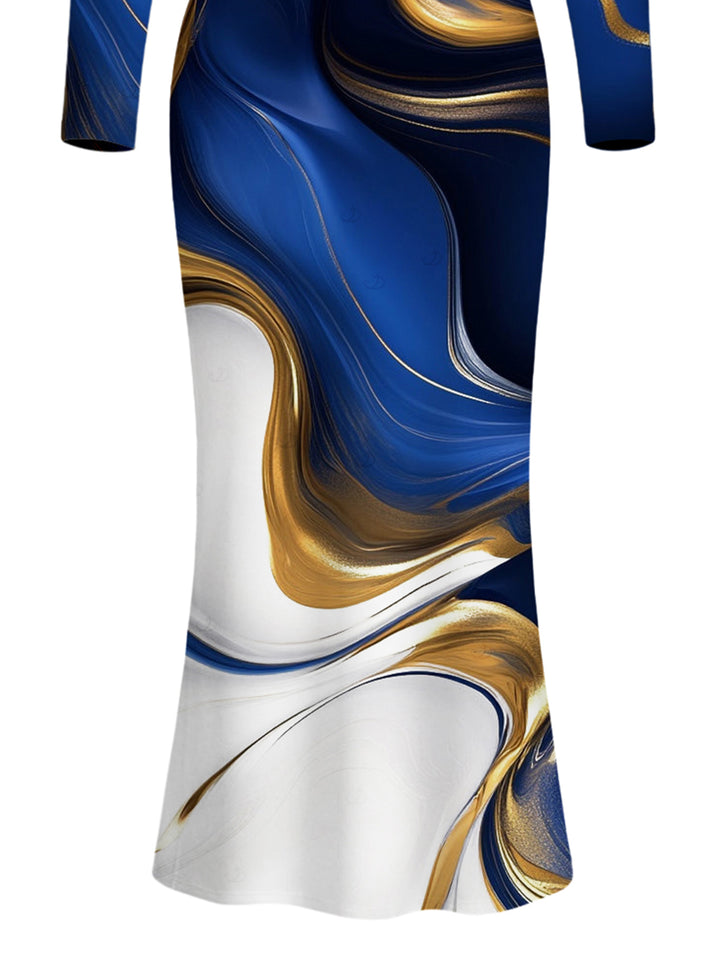 Colorblock Fluid Marble Print Round Neck Long Sleeve Bodycon Maxi Vacation Dress
