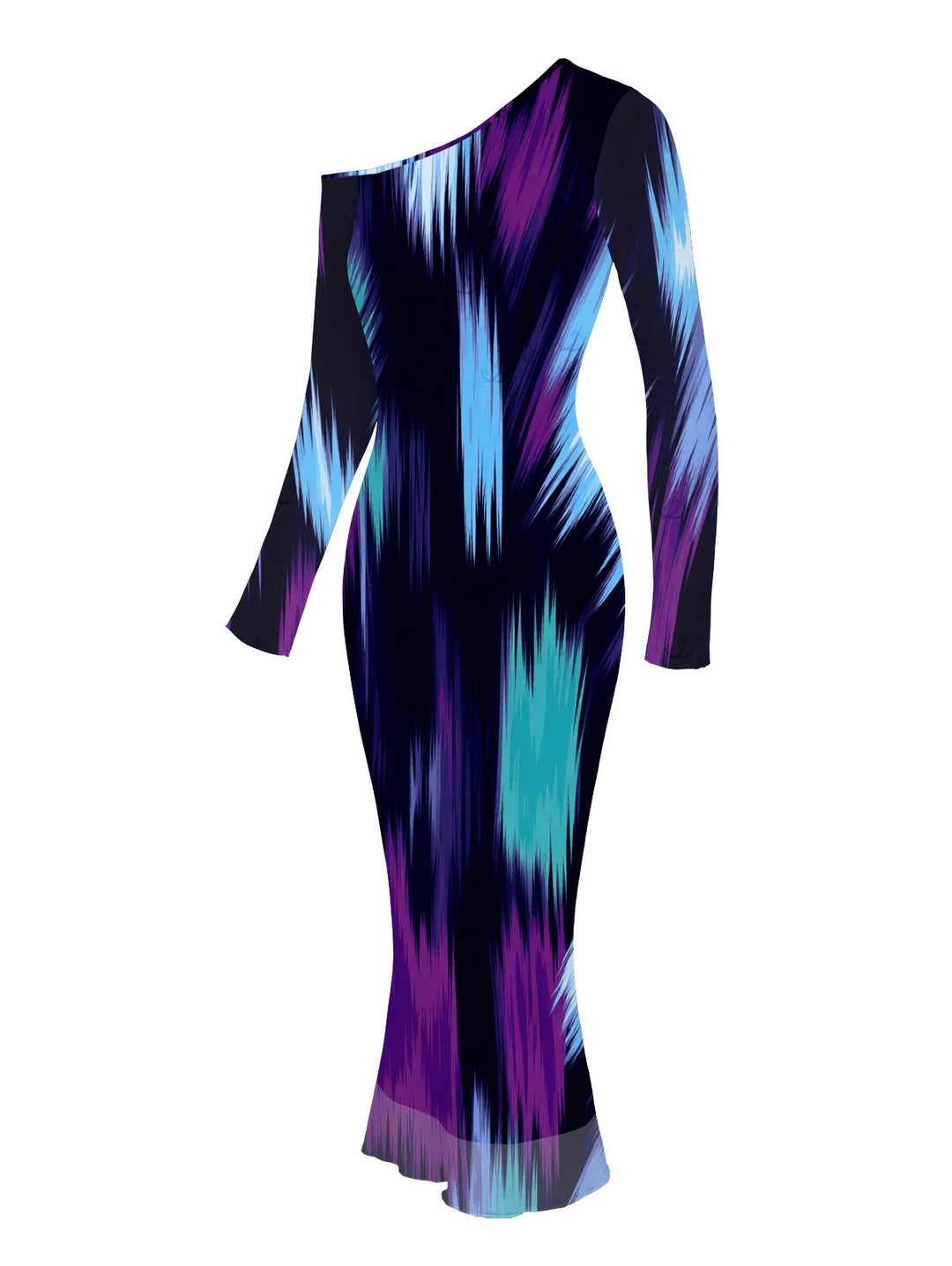 Abstract Brush Stroke Print Skew Neck Mesh Bodycon Vacation Dress