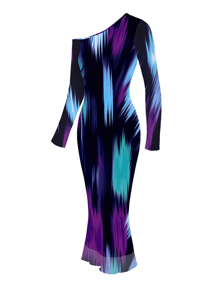 Abstract Brush Stroke Print Skew Neck Mesh Bodycon Vacation Dress