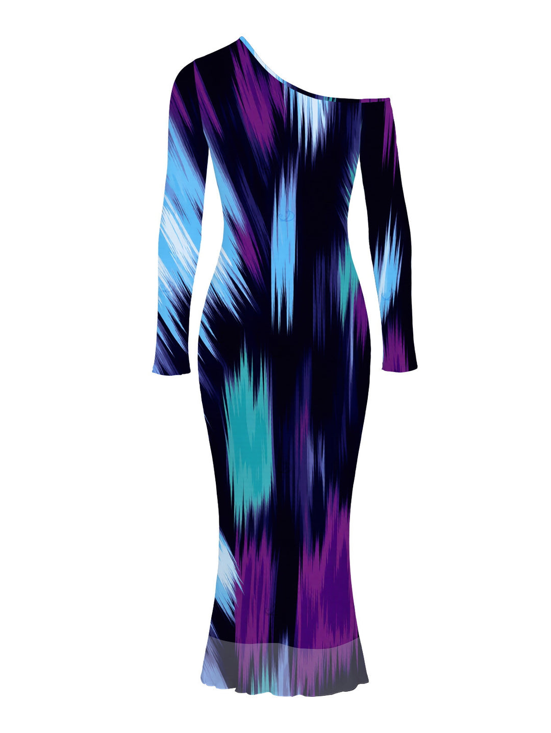 Abstract Brush Stroke Print Skew Neck Mesh Bodycon Vacation Dress