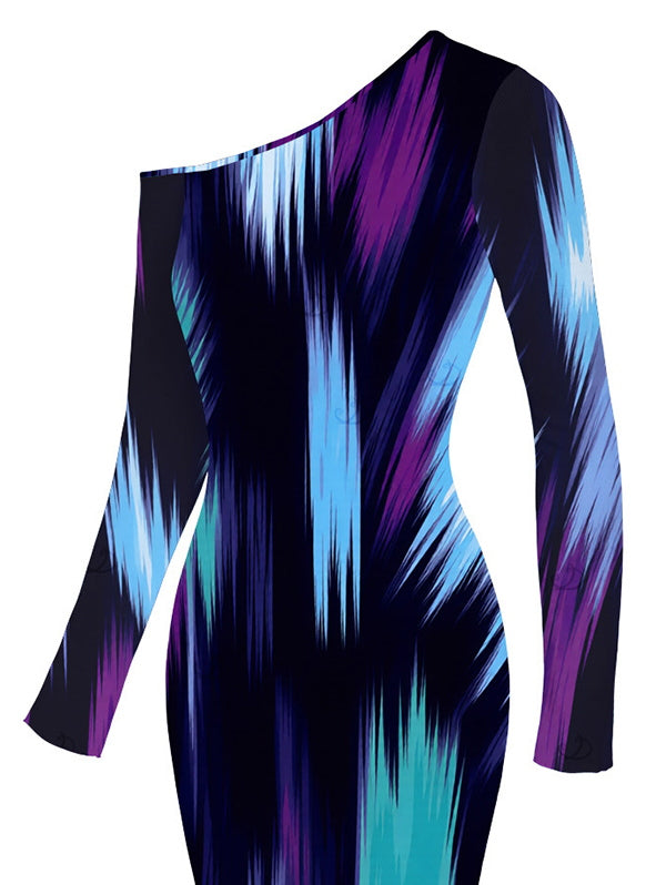 Abstract Brush Stroke Print Skew Neck Mesh Bodycon Vacation Dress