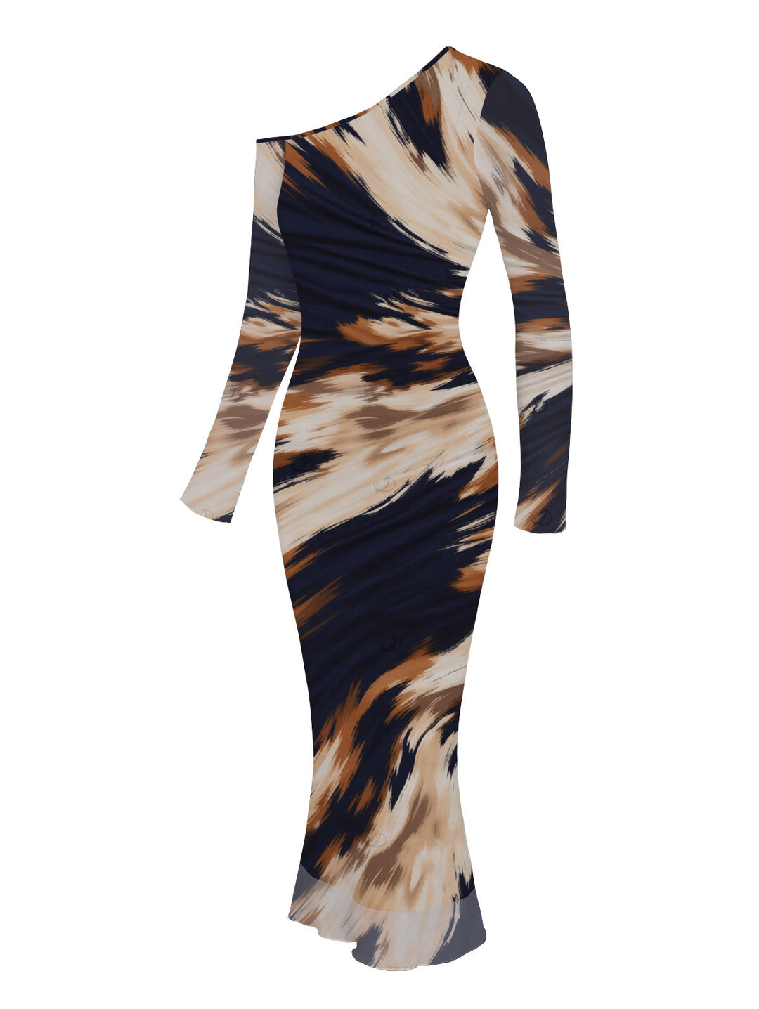 Abstract Brush Stroke Print Mesh Skew Neck Long Sleeve Bodycon Dress