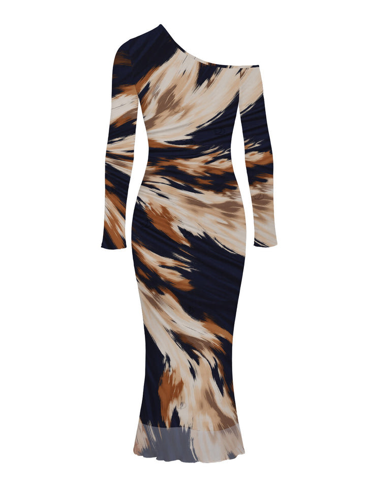 Abstract Brush Stroke Print Mesh Skew Neck Long Sleeve Bodycon Dress