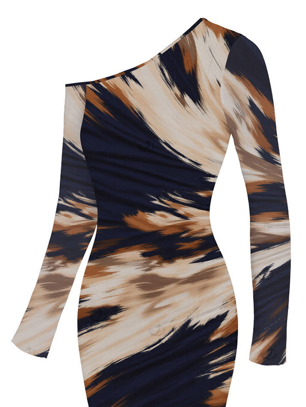 Abstract Brush Stroke Print Mesh Skew Neck Long Sleeve Bodycon Dress