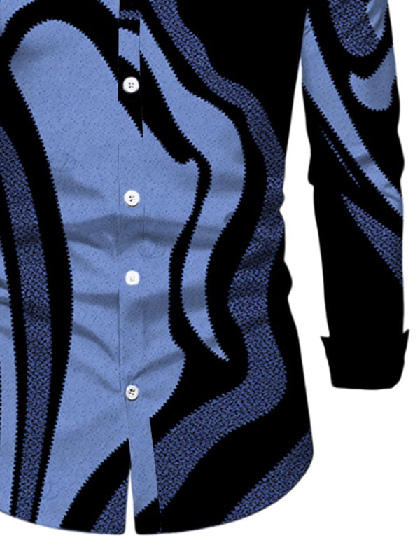 Men's Psychedelic Wave Print Button Up Long Sleeve Vacation Shirt
