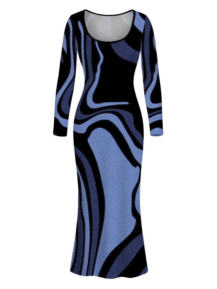 Psychedelic Wave Print U Neck Long Sleeve Bodycon Maxi Vacation Dress