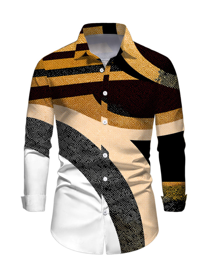 Men's Colorblock Geometric Patchwork Print Button Up Long Sleeve Vacation Shirt
