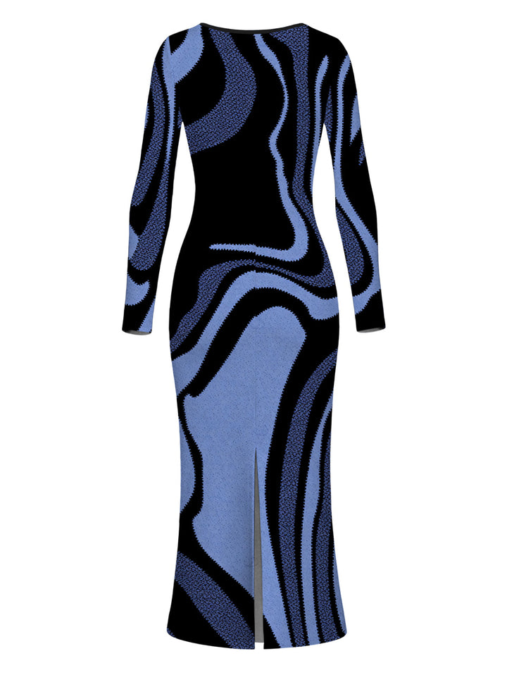 Psychedelic Wave Print U Neck Long Sleeve Bodycon Maxi Vacation Dress